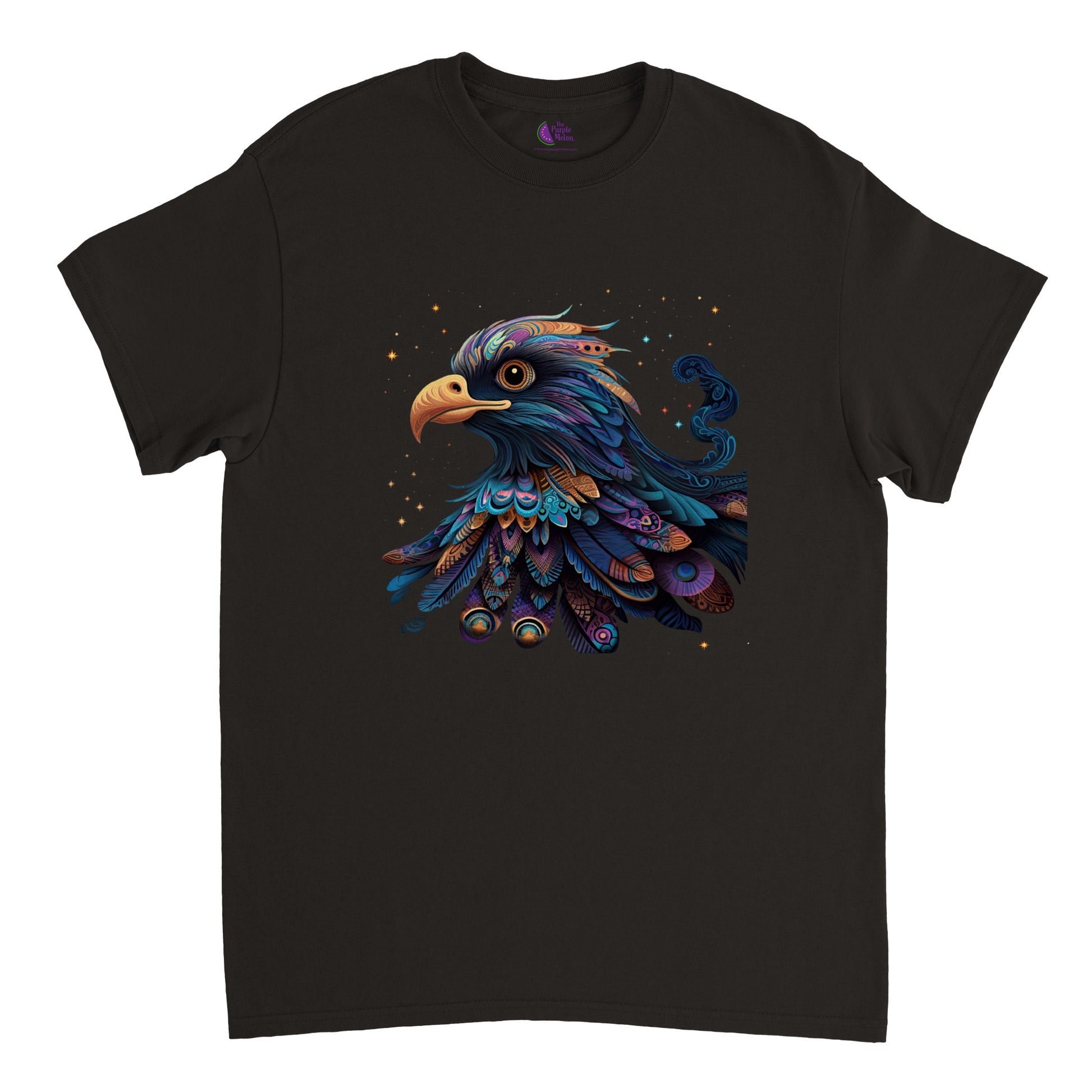 Black t-shirt with a colorful abstract eagle print