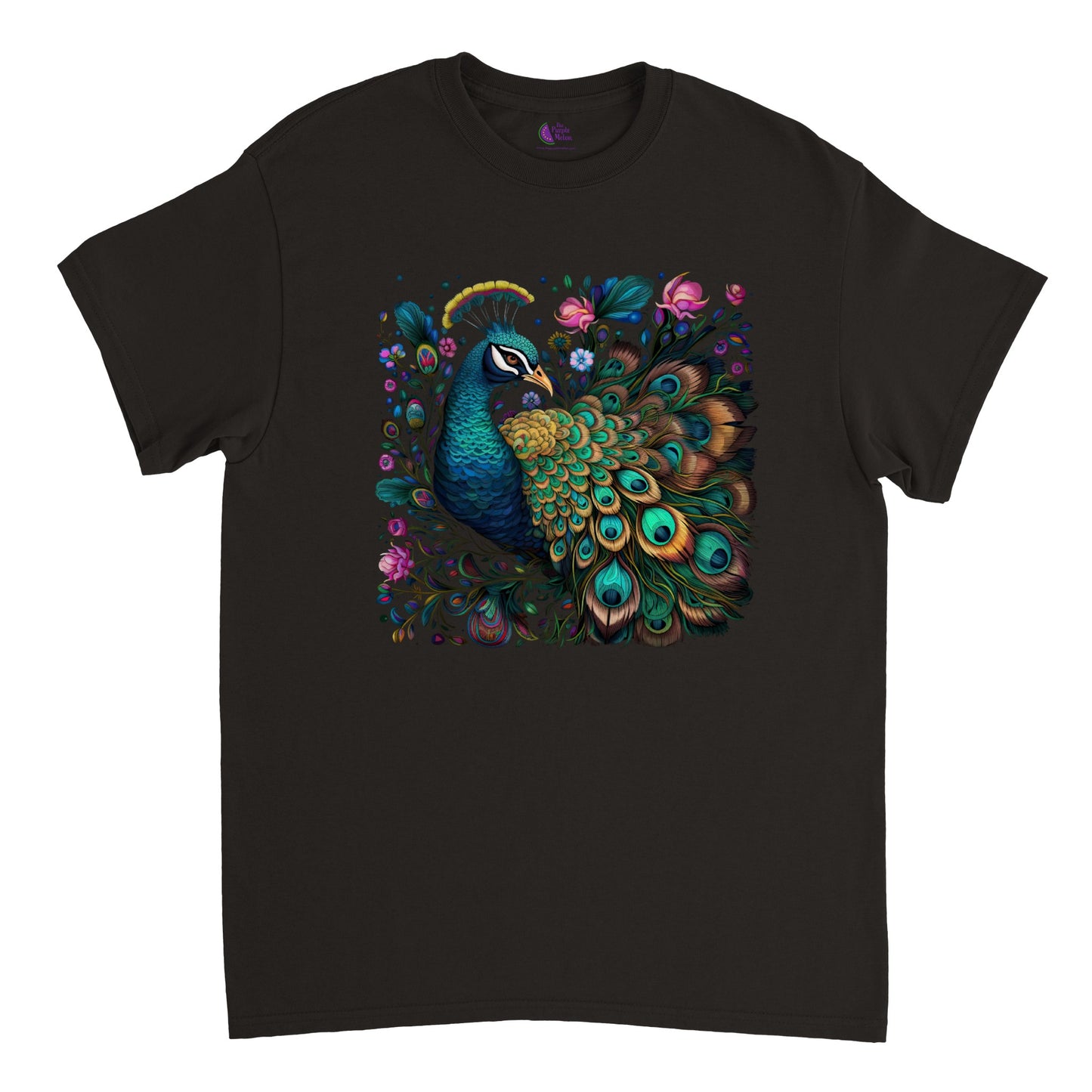 black t-shirt with a colorful floral peacock print