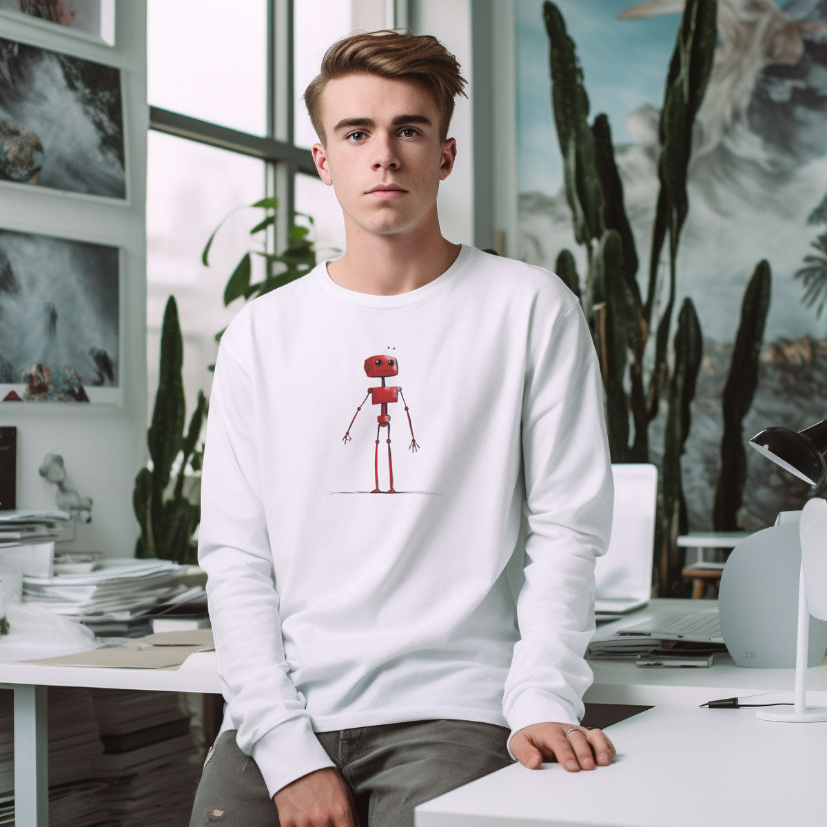 Guy in an office wearing a white long sleeve t-shirt with a red robot print