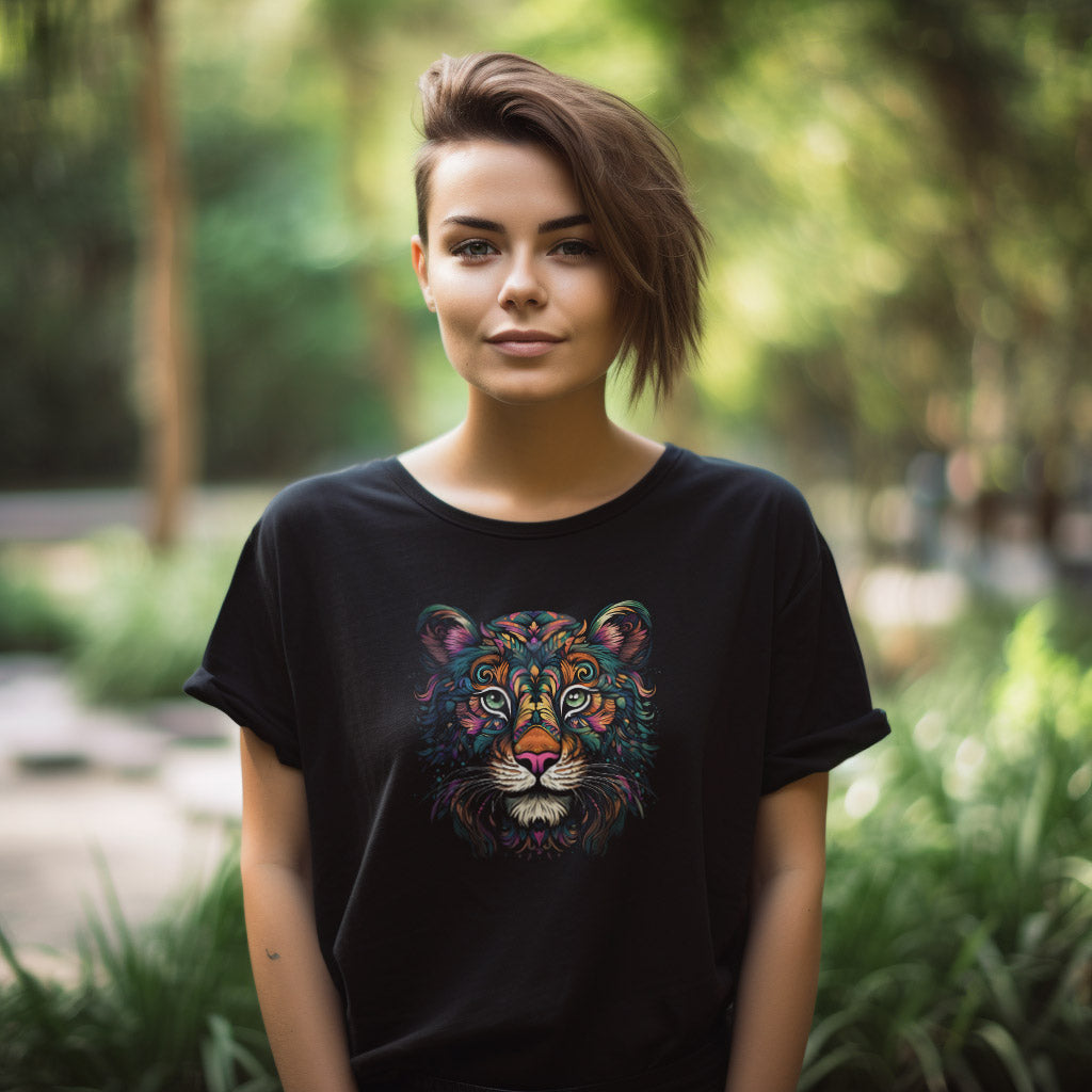 Young woman wearing a black t-shirt with a colorful floral tiger print