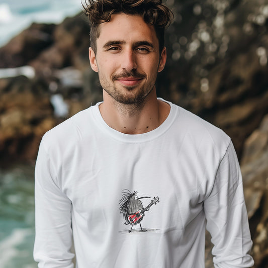 Unisex Longsleeve T-shirt with New Zealand Kiwi Bird Playing Guitar Sketch Print