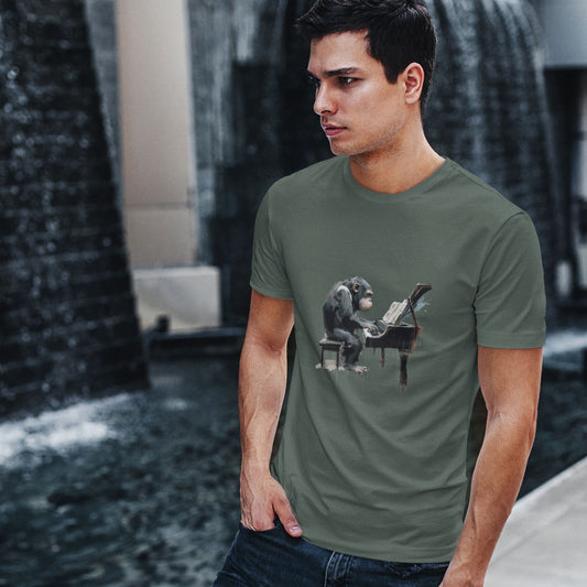 Guy wearing a green t-shirt with a chimp playing the piano print