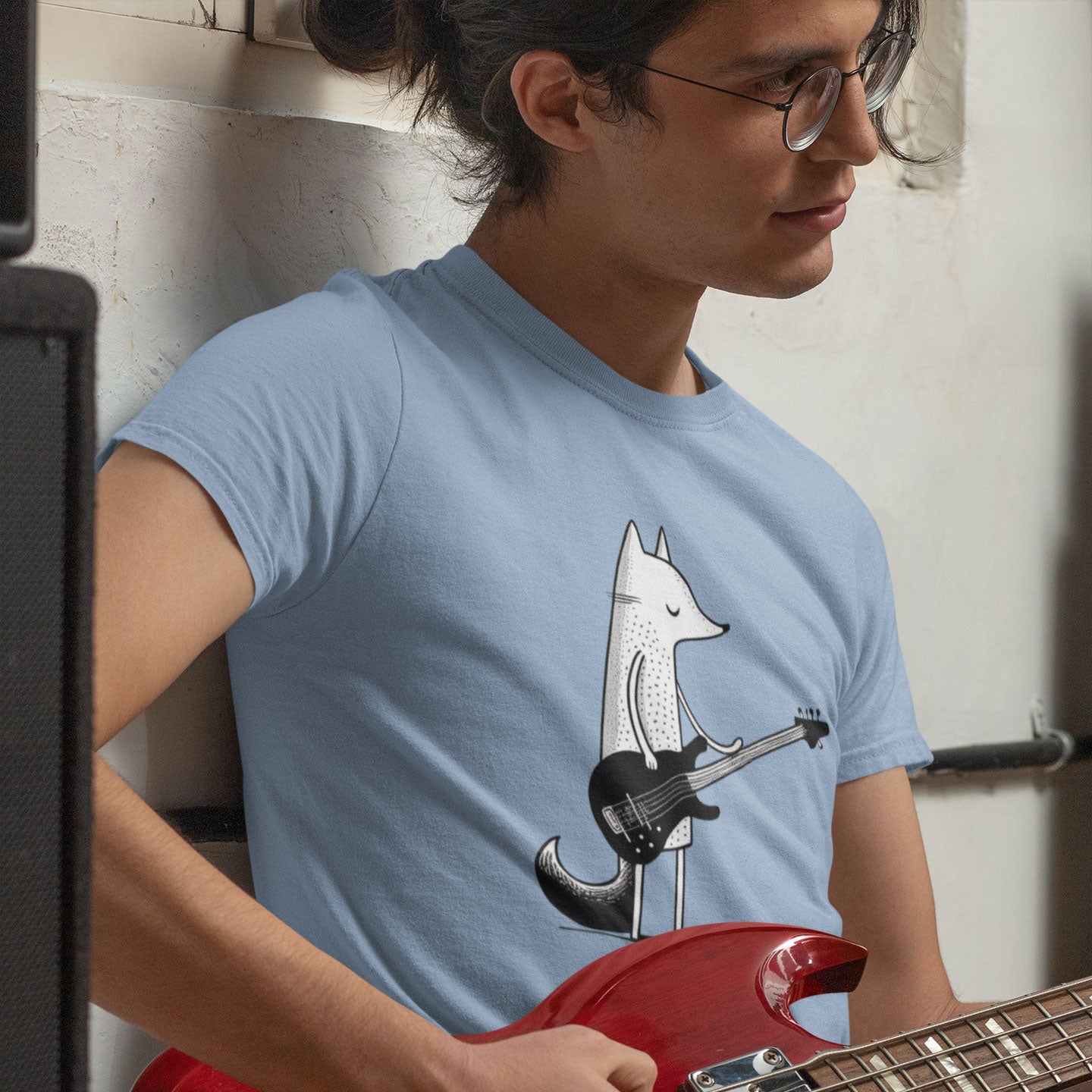Fox playing bass guitar minimalist black and white t-shirt print