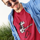 Guy wearing a red t-shirt with a frog playing a bass guitar print