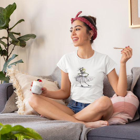 Dancer wearing a t-shirt with frog ballerina print