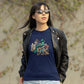 woman wearing a navy t-shirt with a contemporary new zealand tui bird print