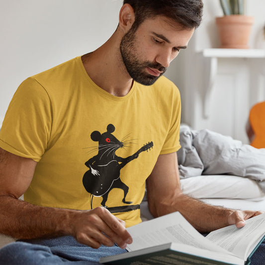 guy wearing a gold t-shirt with a rat playing guitar print
