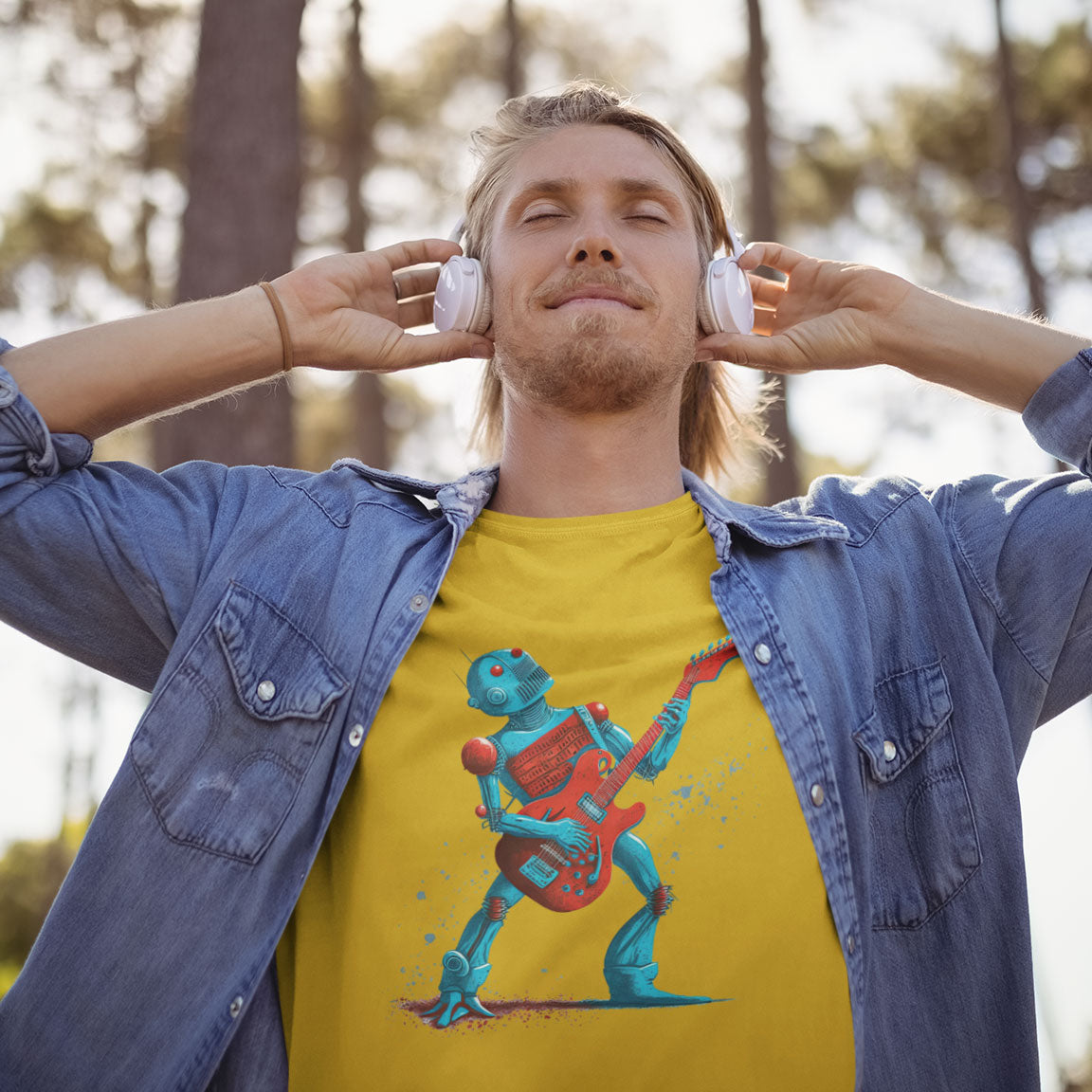 A guy listening to music wearing a gold t-shirt with a robot playing a red guitar