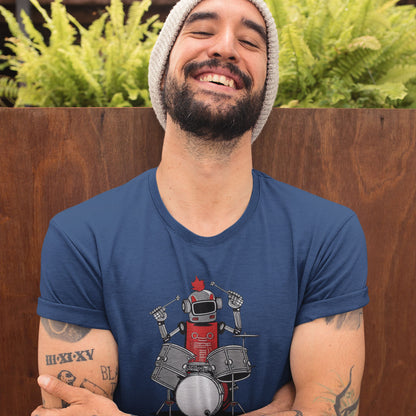 Guy wearing a blue t-shirt with a robot playing the drums graphic