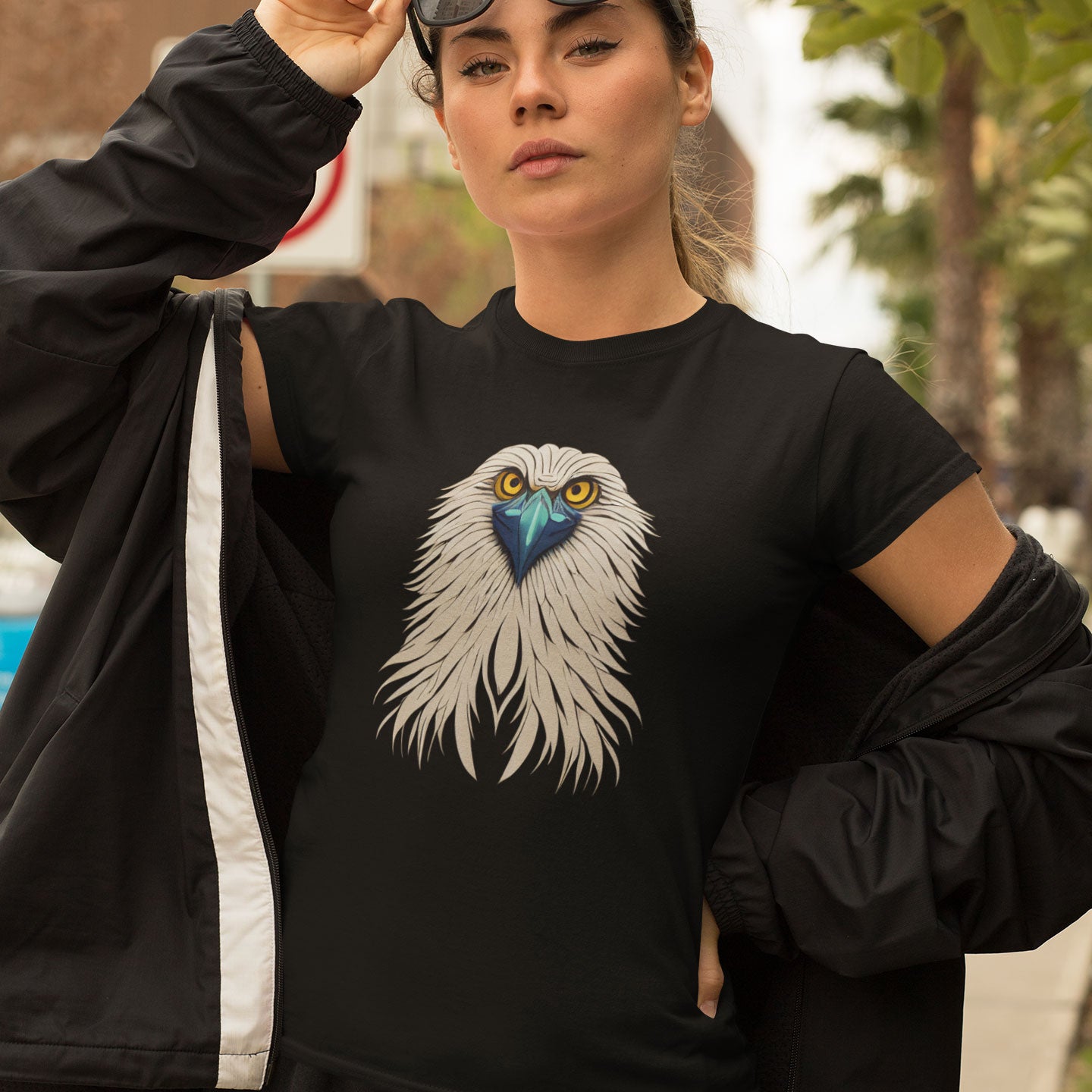 woman wearing a black t-shirt with an eagle print