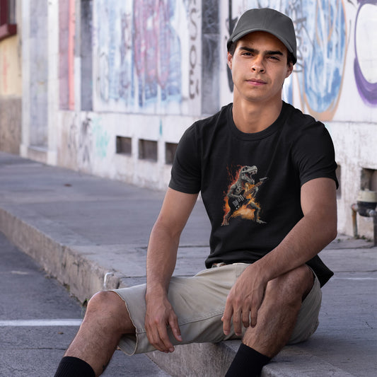 Man sitting on the pavement wearing a black t-shirt with a flaming t-rex playing the guitar graphic