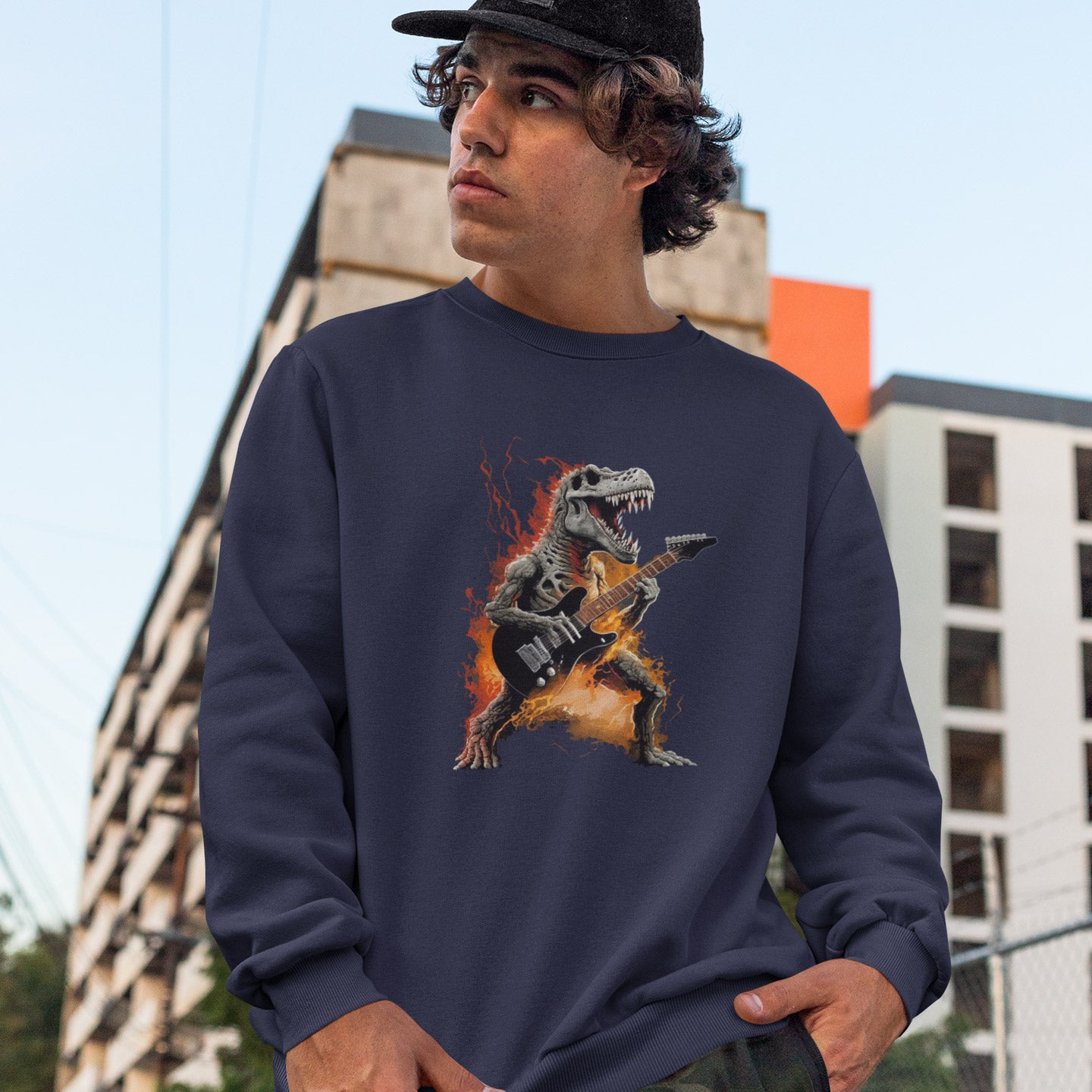 On Fire T-Rex Playing Guitar Premium Unisex Crewneck Sweatshirt