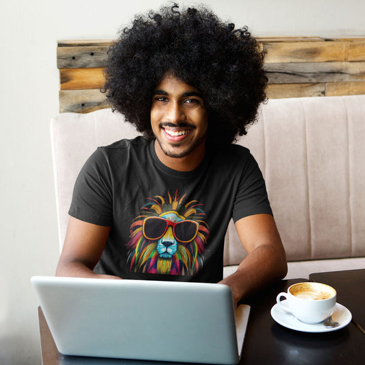 Guy with a big fro and a laptop wearing a black t-shirt with a colourful lion wearing red oversized sunglasses print