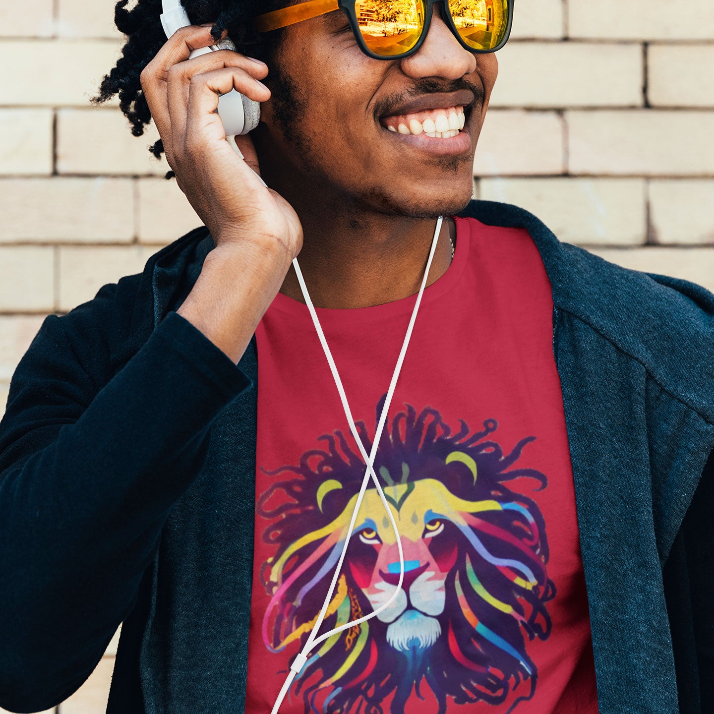 A guy listening to music wearing a red t-shirt with a colourful lion with dreadlocks print
