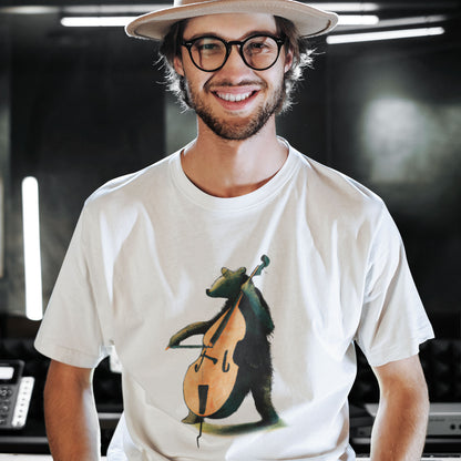 musician wearing a white t-shirt with a bear playing the double bass print