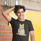 smiling guy wearing a black t-shirt with a space catdet print