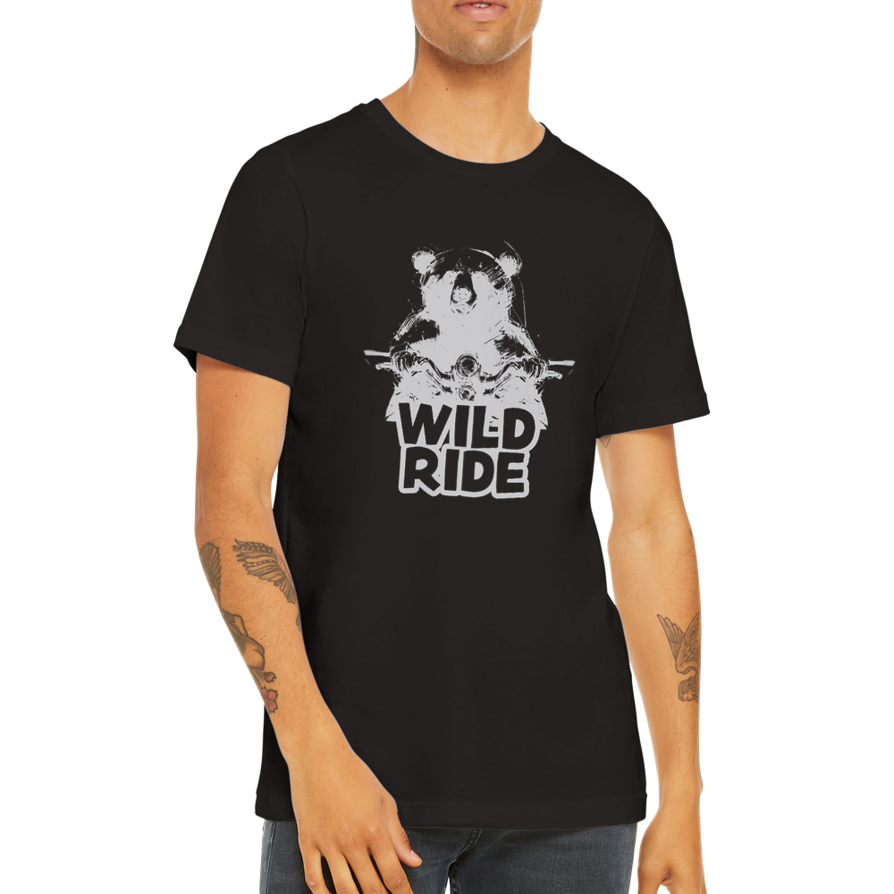 Guy wearing a black t-shirt with a bear on a bike with Wild Ride caption