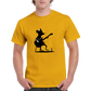 guy wearing a gold t-shirt with a rat playing guitar print