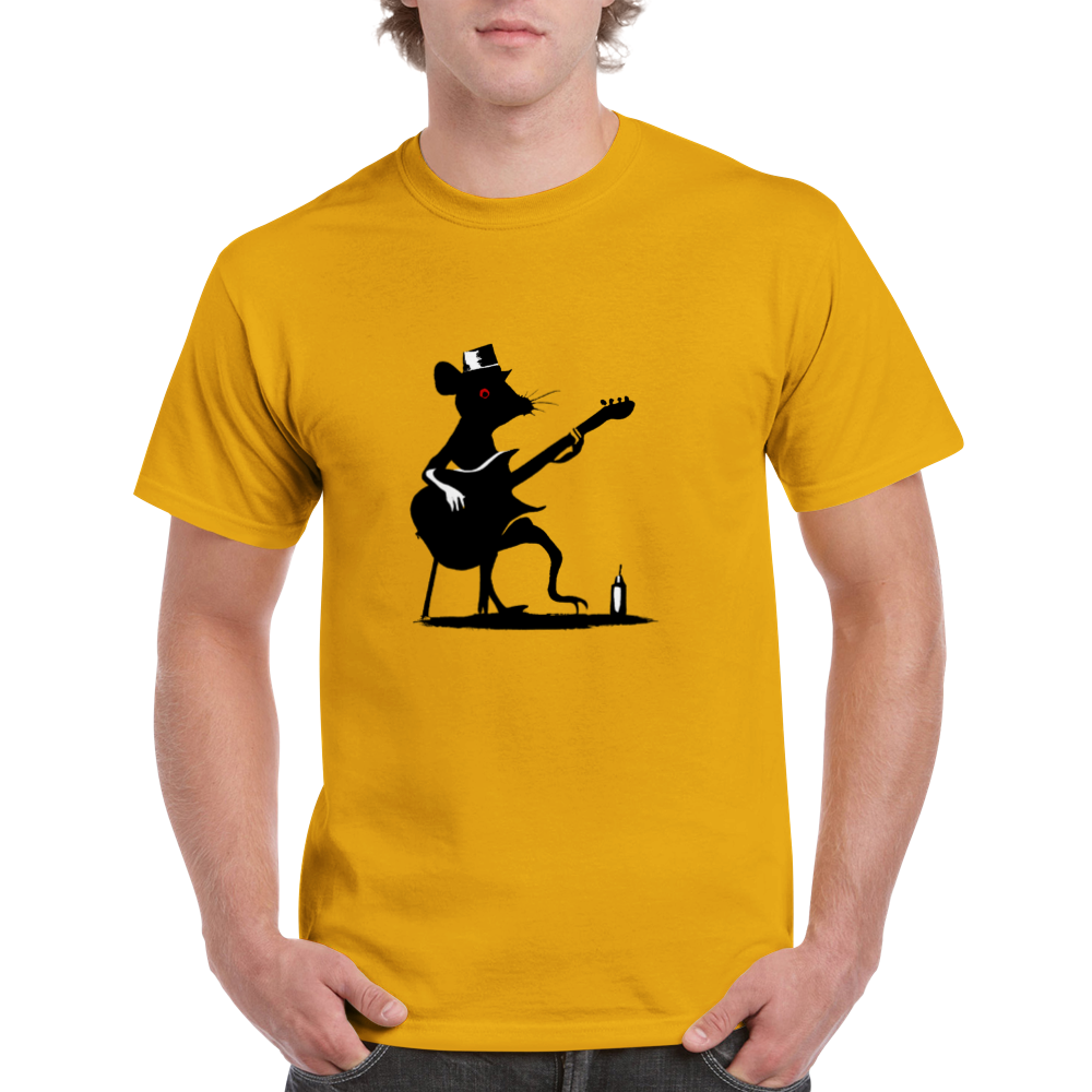 guy wearing a gold t-shirt with a rat playing guitar print