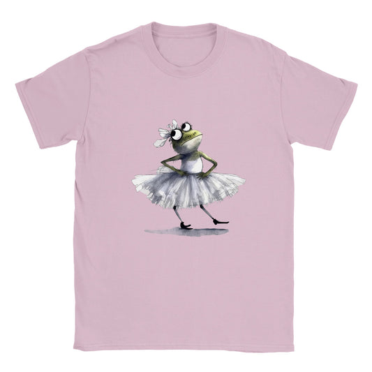pink kids t-shirt with a ballerina frog in a a tutu print