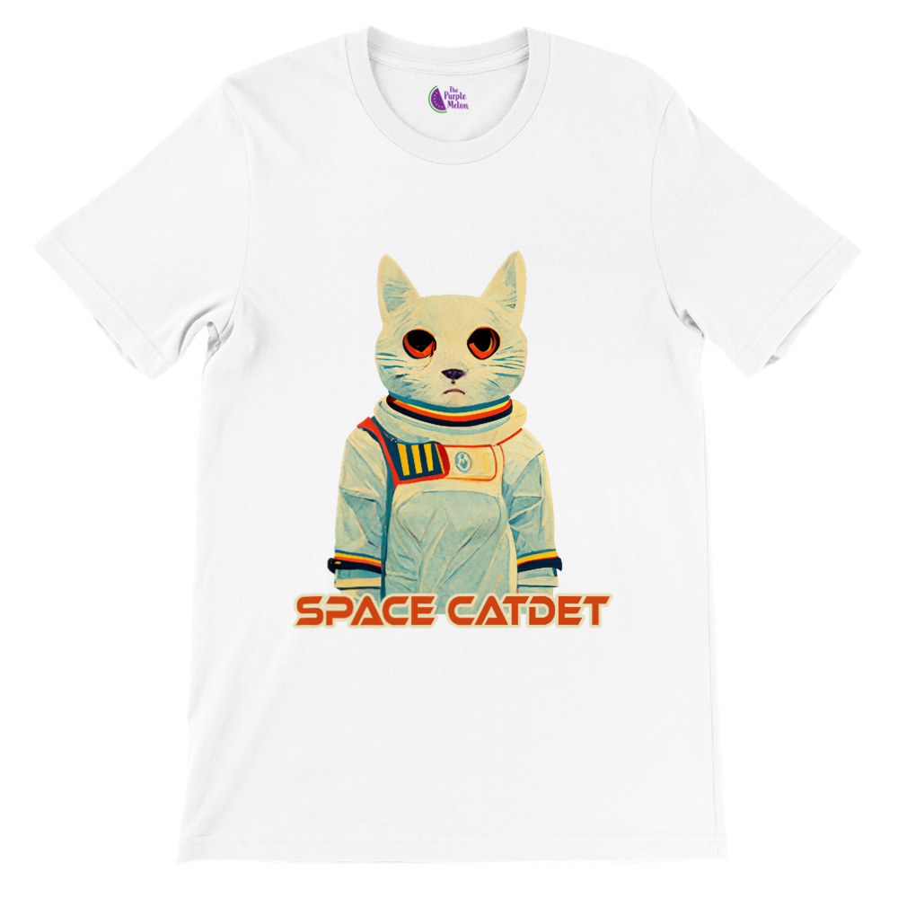 white t-shirt with a space catdet print