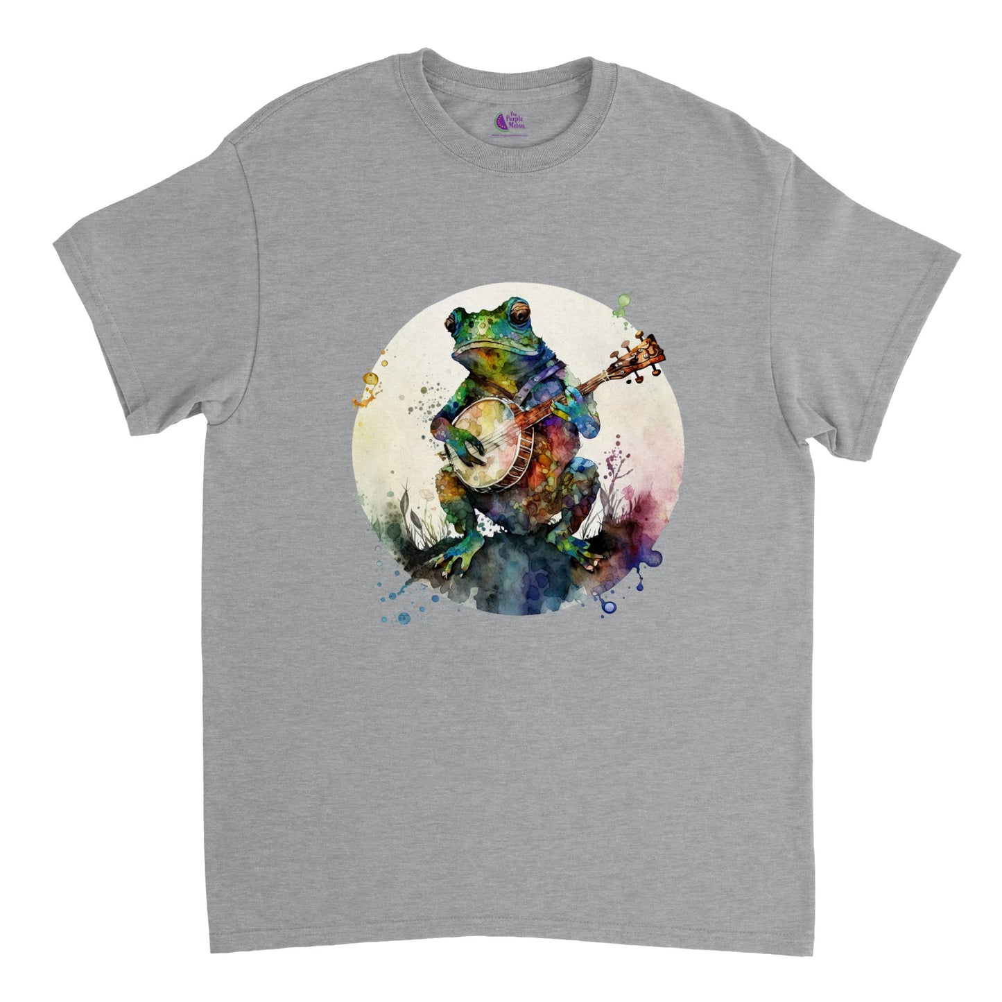 grey t-shirt with a frog playing a banjo print