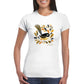 woman wearing a white t-shirt with a Pīwakawaka Fantail Print on the front