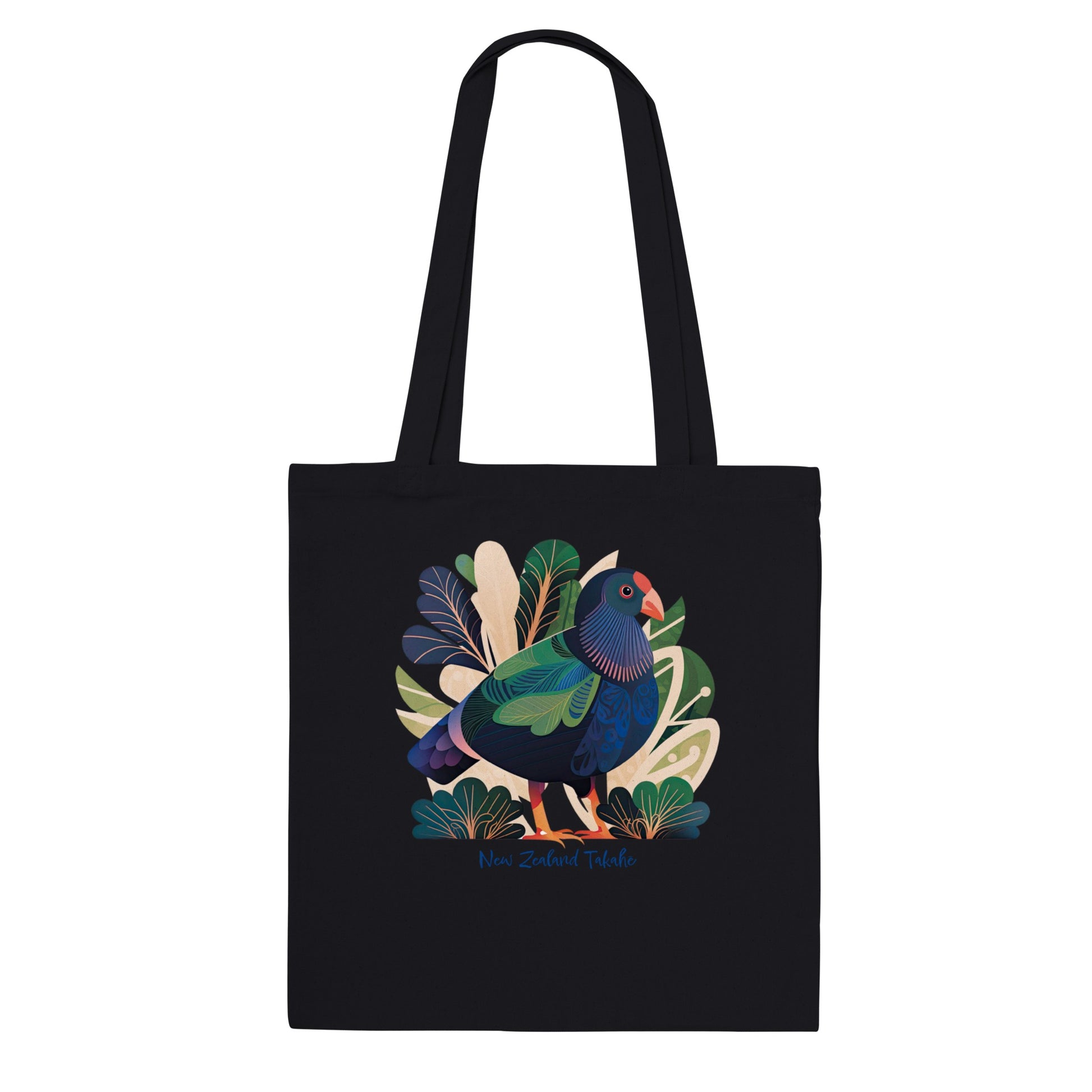 Black tote bag with a New Zealand Takahe bird print