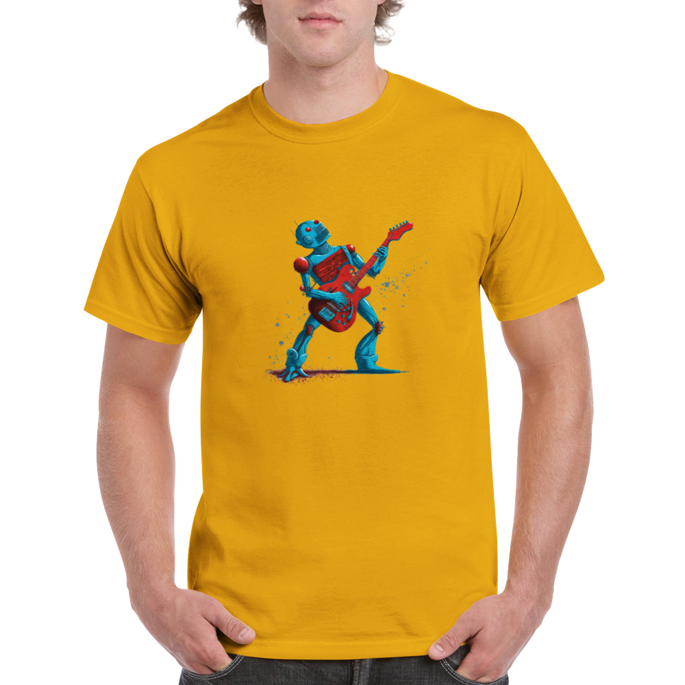 A guy wearing a gold t-shirt with a robot playing a red guitar