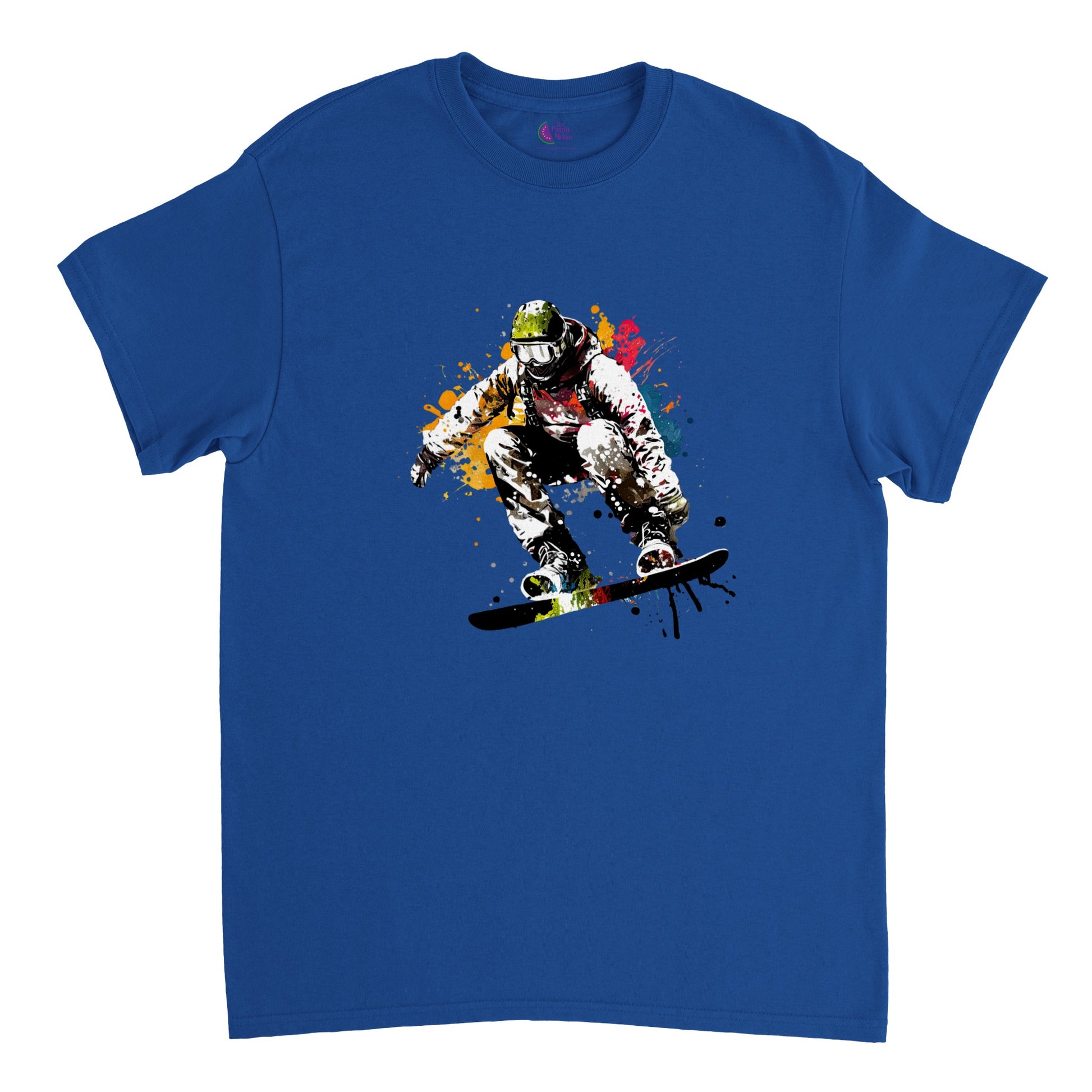 royal blue t-shirt with a snowboarder print