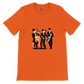 orange t-shirt with a pop-art jazz trio print