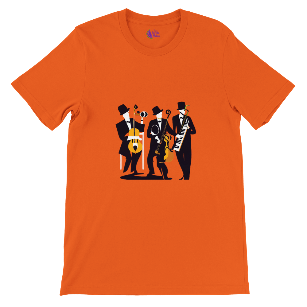 orange t-shirt with a pop-art jazz trio print