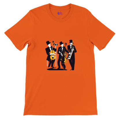 orange t-shirt with a pop-art jazz trio print