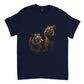 a navy t-shirt with a print of a pair of gold tigers