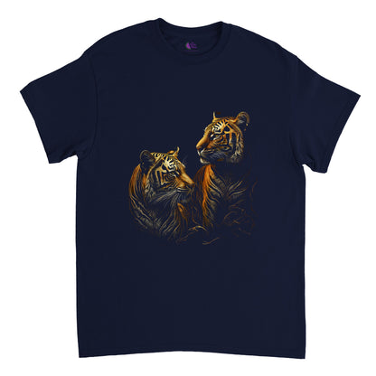 a navy t-shirt with a print of a pair of gold tigers