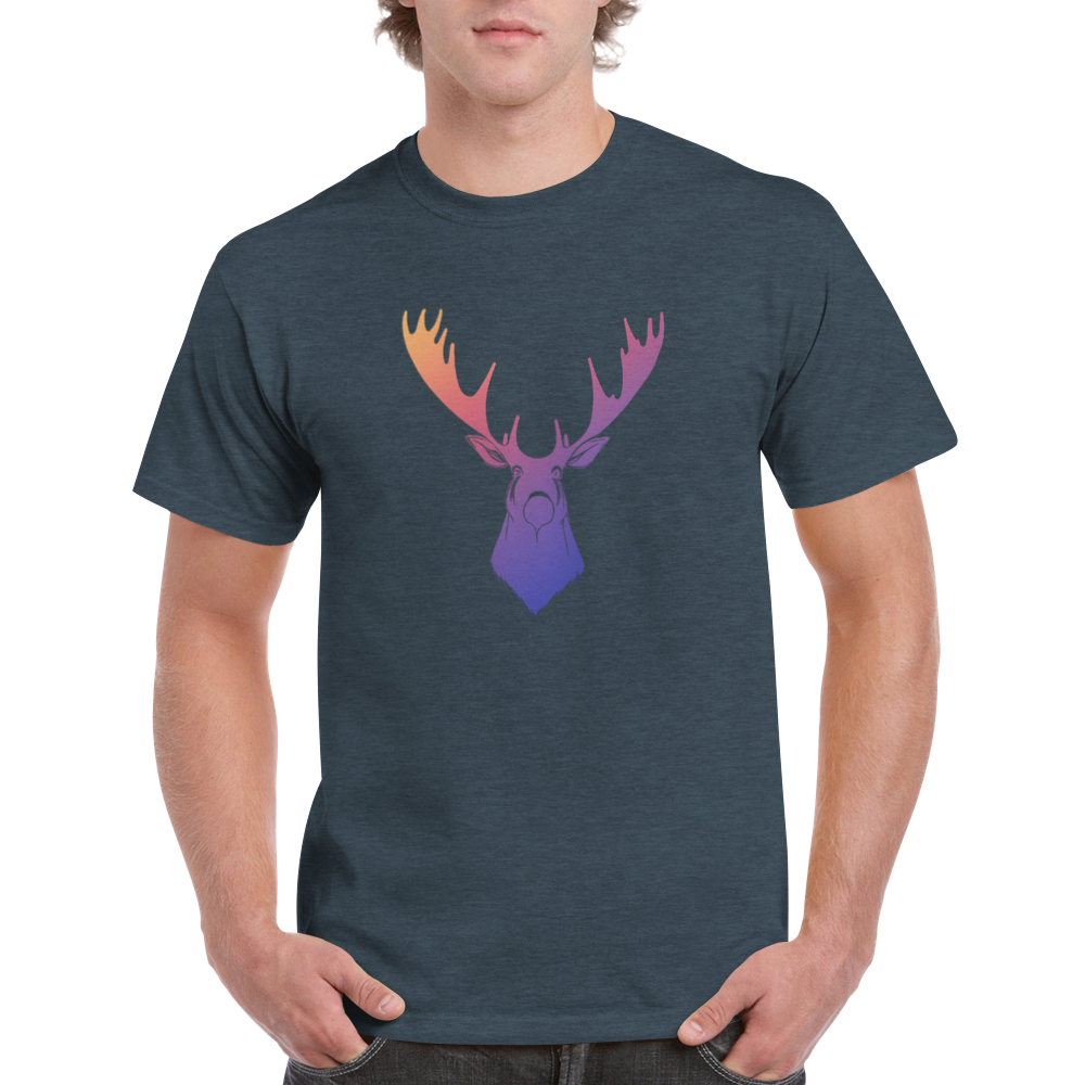grey t-shirt with a rainbow moose print