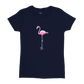 navy blue t-shirt with a pink flamingo print