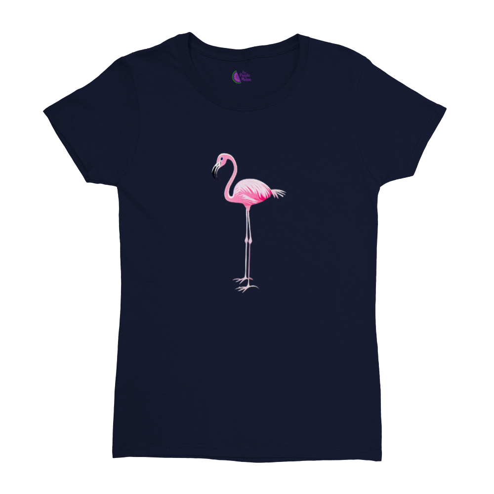 navy blue t-shirt with a pink flamingo print