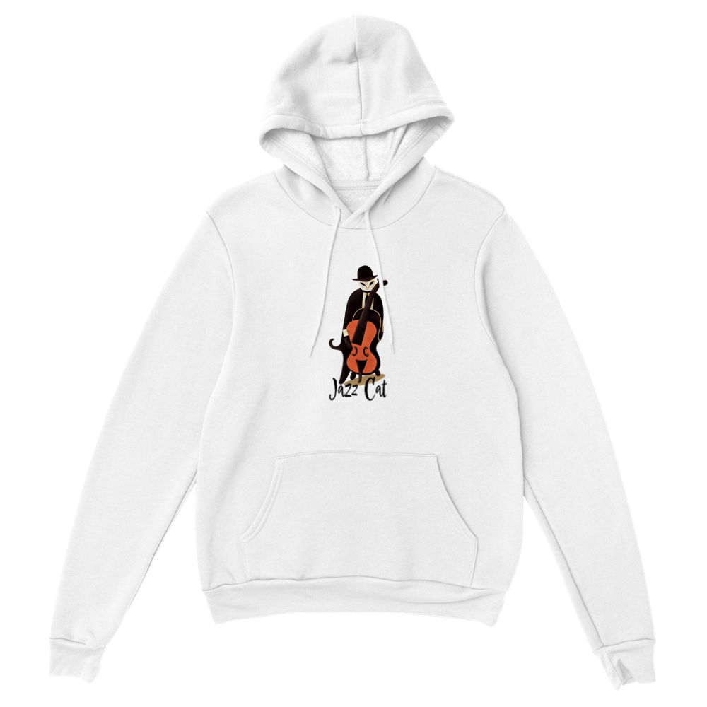 Jazz Cat Playing Double Bass Premium Unisex Pullover Hoodie.