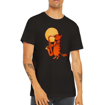 Cat Playing the Saxophone Under the Full Moon Premium Unisex Crewneck T-shirt.