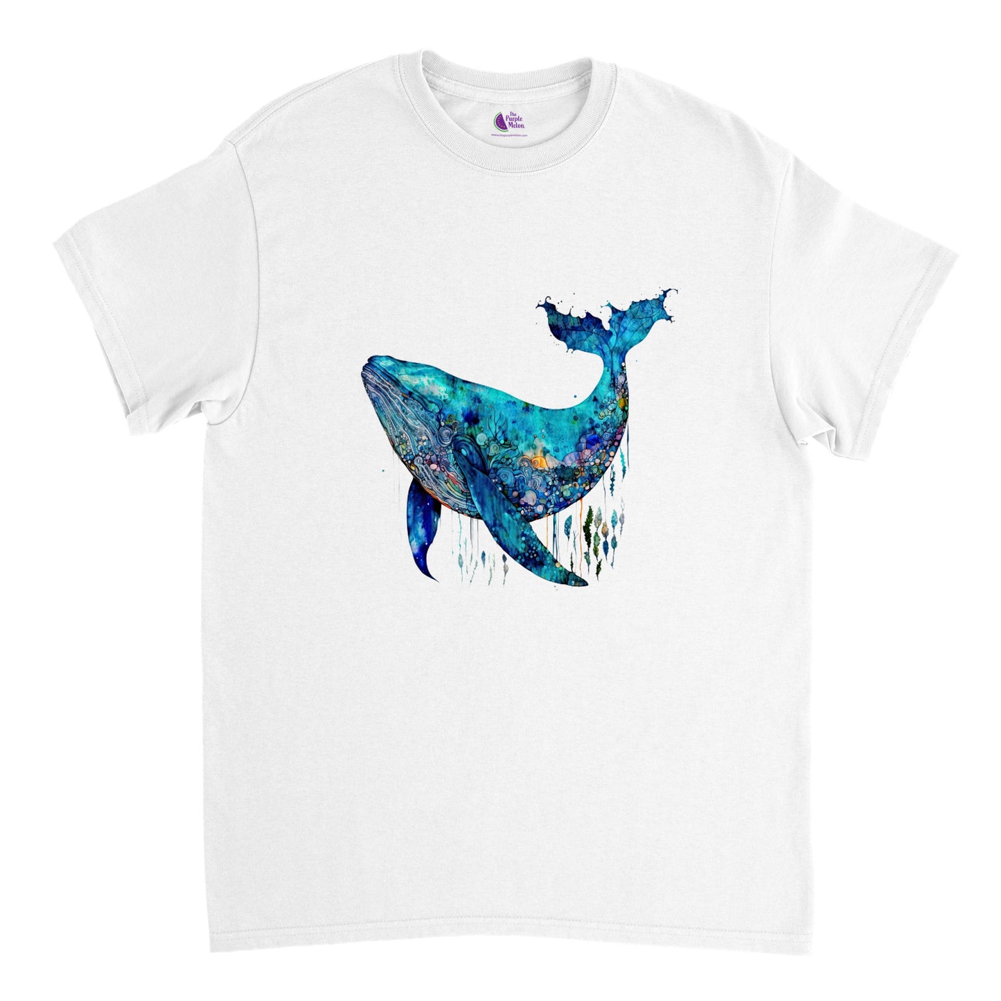 White t-shirt with a blue whale print