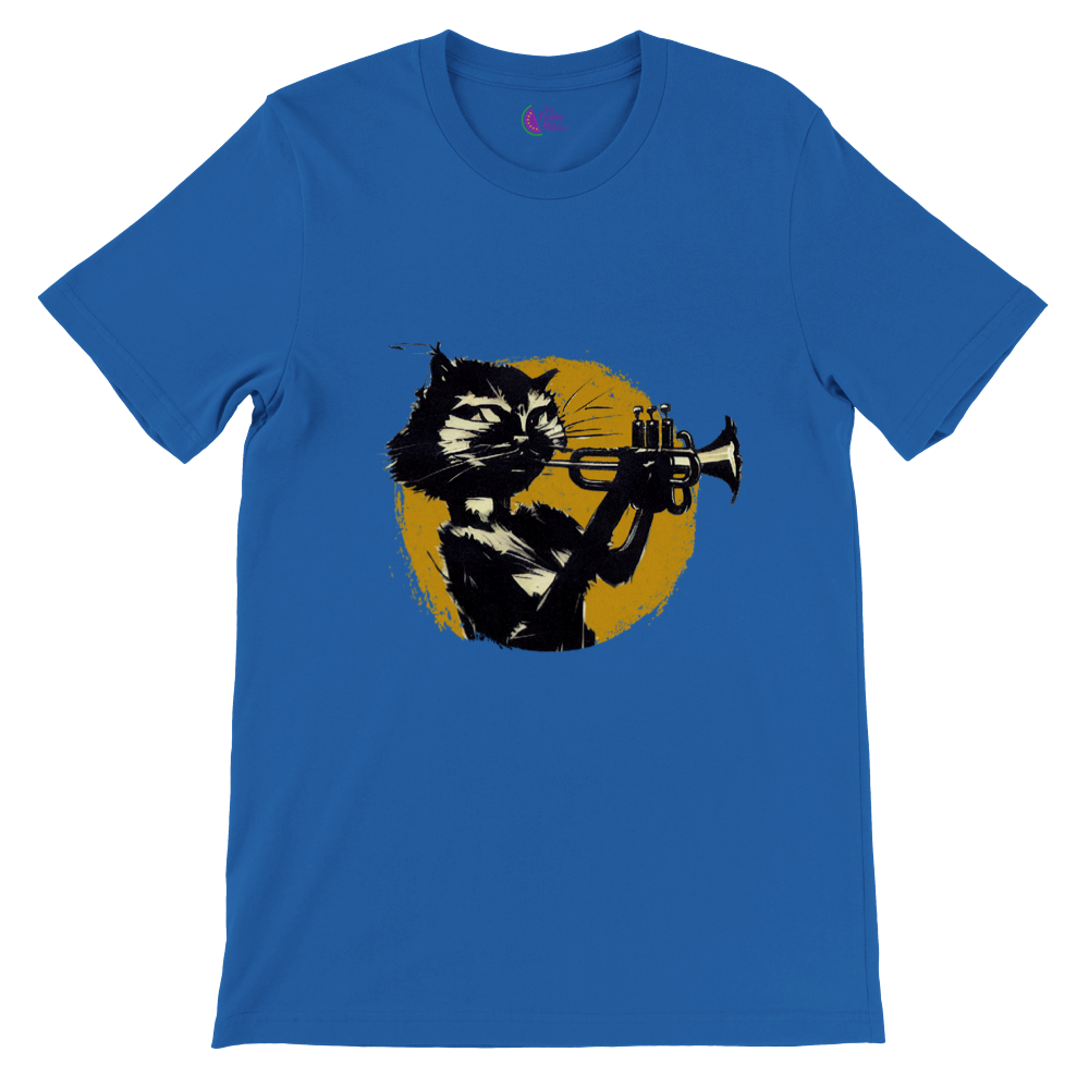 Royal Blue t-shirt with a cat playing the trumpet print