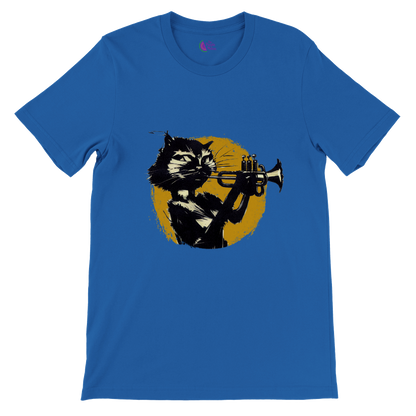 Royal Blue t-shirt with a cat playing the trumpet print