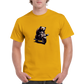 man wearing a gold t-shirt with a bear riding a motor scooter