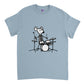 light blue t-shirt with a mouse playing drums print