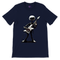 Navy t-shirt with an alien playing electric guitar illustration