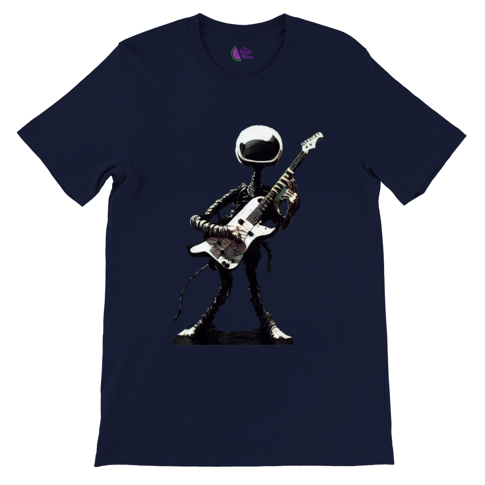 Navy t-shirt with an alien playing electric guitar illustration
