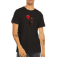 man wearing a black t-shirt with a dachshund dog with red balloon print