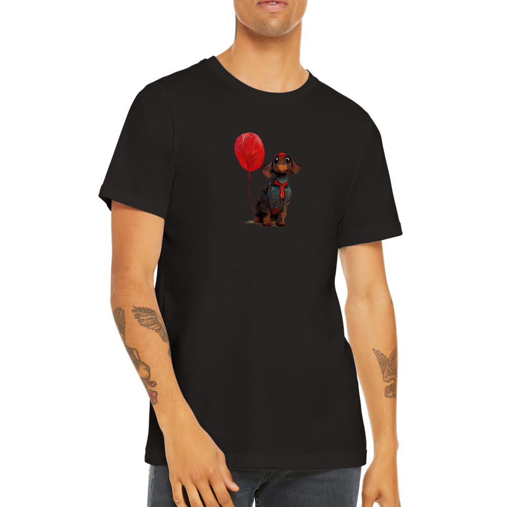 man wearing a black t-shirt with a dachshund dog with red balloon print