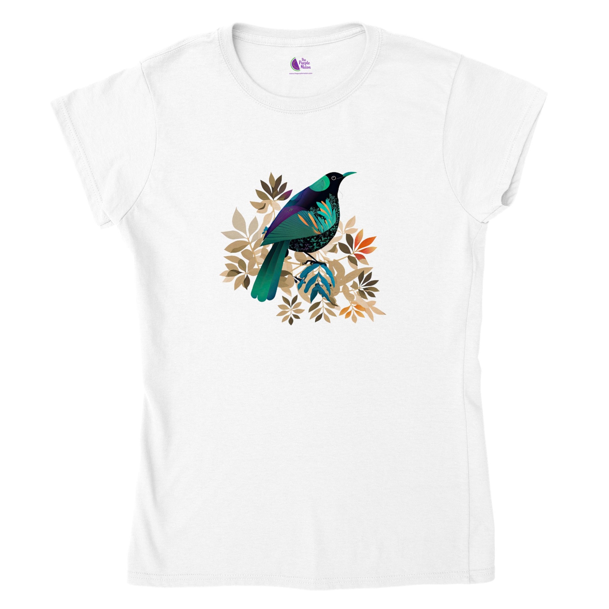 White t-shirt with a contemporary new zealand tui bird print
